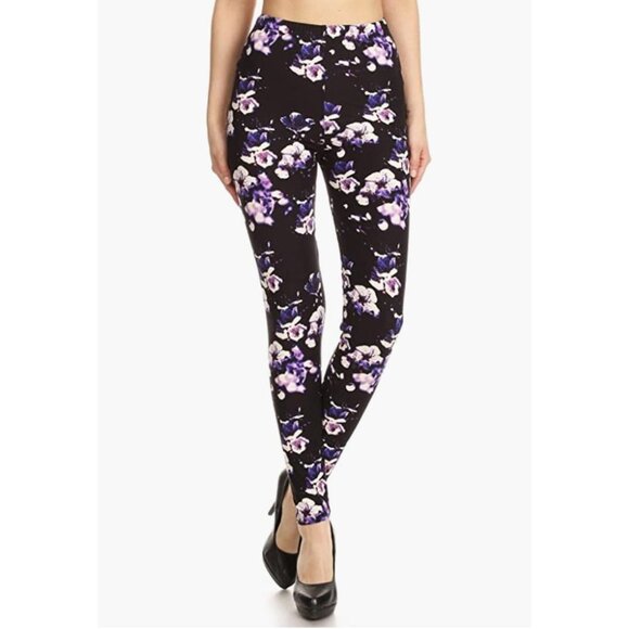 Purple & Black Floral Flower Blossom Printed Leggings‎ Tights